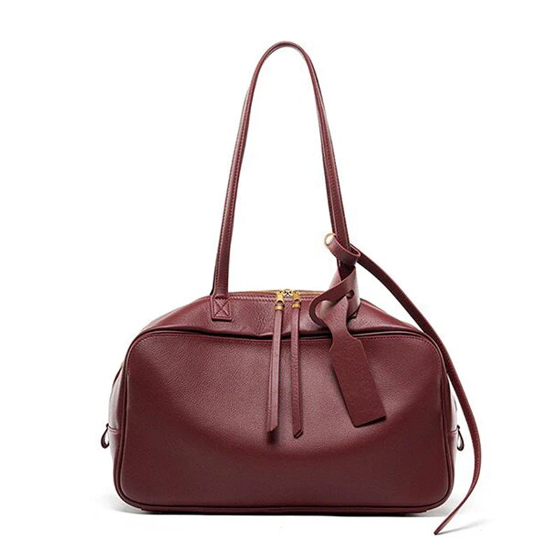 Genuine Leather Tote Bag for Women Large Capacity Cowhide Shoulder Bag Luxury Designer Handbag Female Bowling Underarm Bag