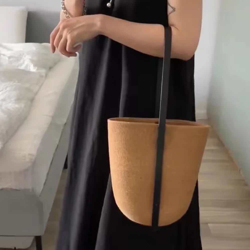 Woven Straw Bag Women with Adjustable Strap Beach Bag Solid Shoulder Handbag