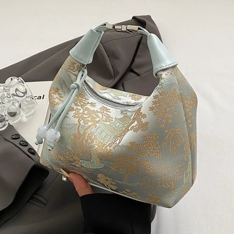 Portable Embroidered Chinese Style Shoulder Bag Fashion Versatile Hanfu Bucket Handbag Texture Pearl Pendant Cheongsam Bag Party