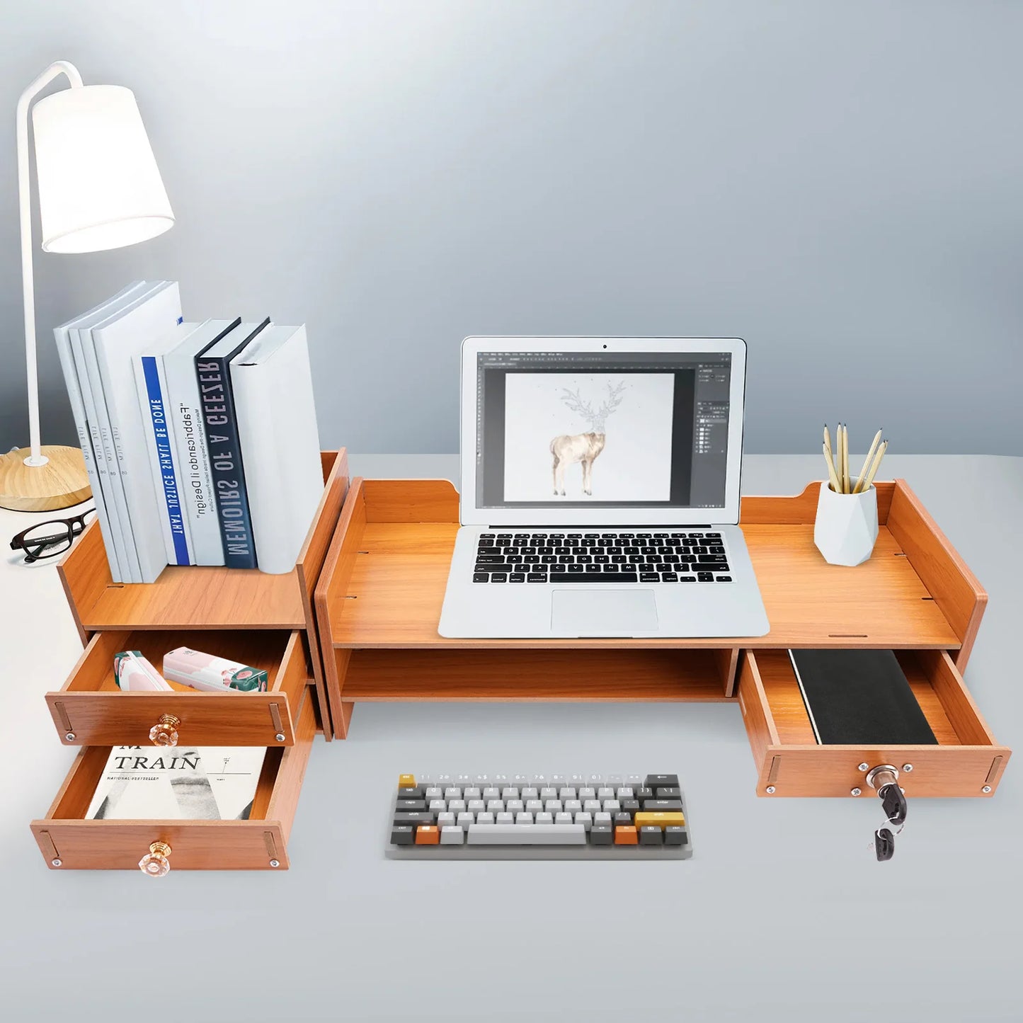 Wood Monitor Stand Riser Computer w/Drawer & Lock, Home Laptop Desktop Organizer