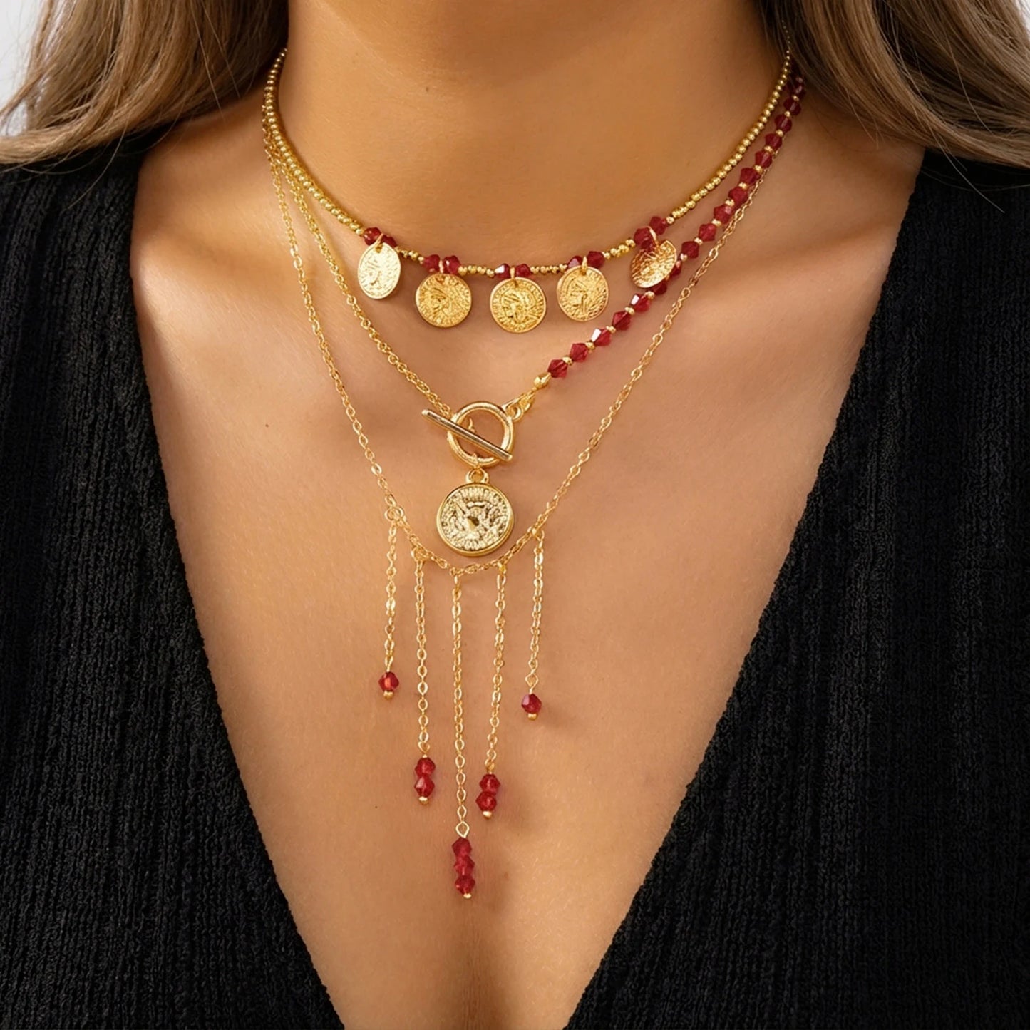New Fashion Geometric Sequins Tassel Choker Necklace for Women Boho Star Moon Pendant Multi Layered Chain Necklace Party Jewelry