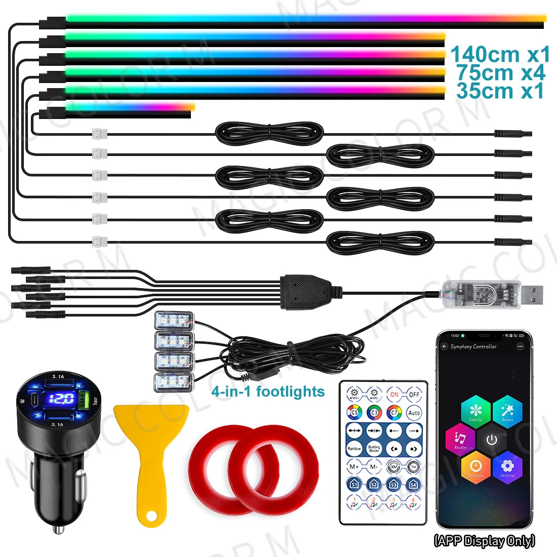 Vgetting Car Ambient Lights 10 in 1 Footwell Universal RGB Atmosphere Lamps USB APP Remote Cigar Lighter for Tesla Model 3 Y S X