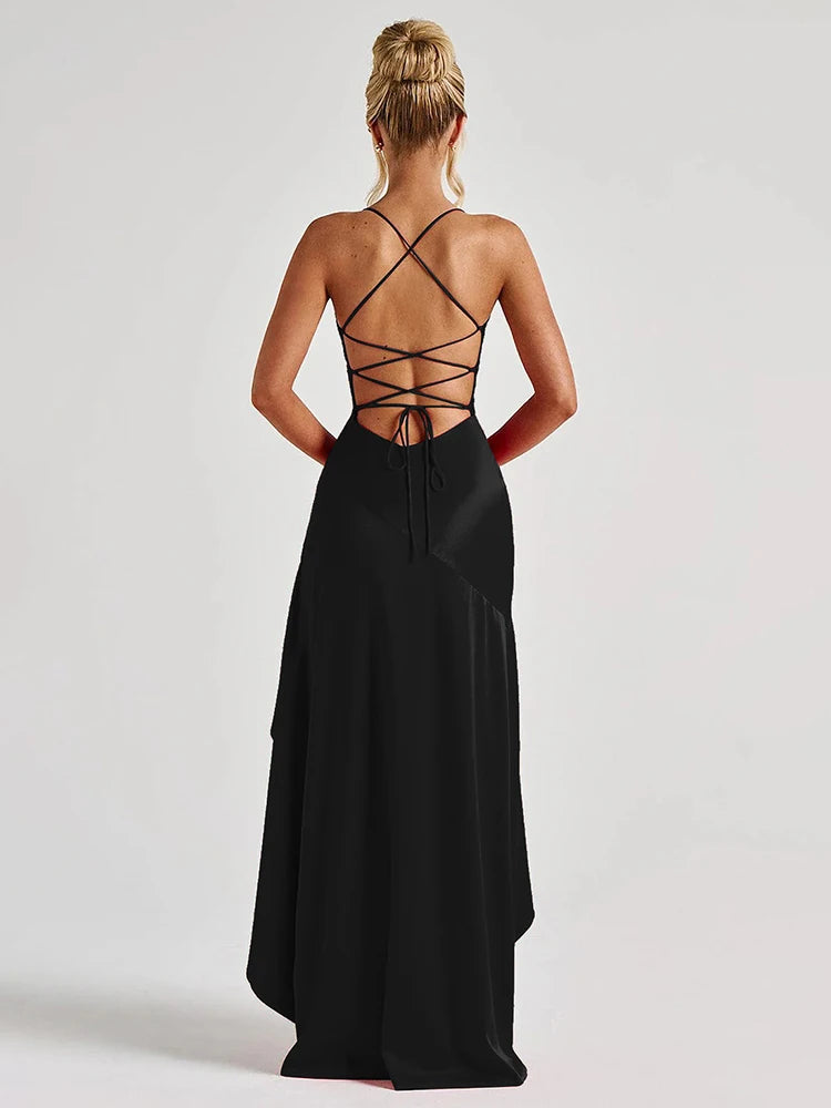 Women Elegant Black Satin Maxi Dress, Crisscross Spaghetti Straps, High Dress