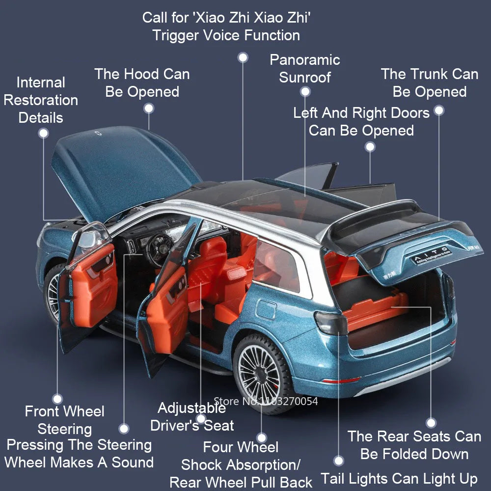 1:24 Sailux AITO M9 Diecast Models Toys Alloy Car Ornament Sound Light Pull Back Doors Opened Miniature Vehices Children's Gifts