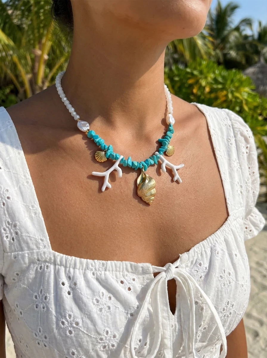 Summer Ocean Conch Shell Faux Coral Faux Pearl Beaded Necklace Beach Vacation Choker For Women
