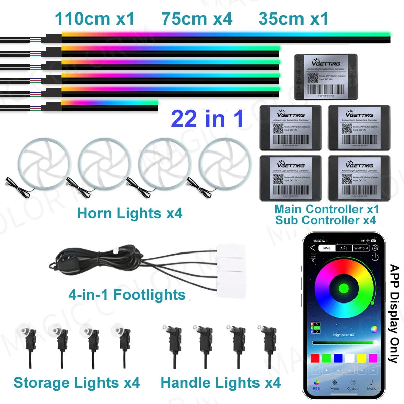 22 In 1 Full Color Streamer Car Ambient Lights RGB 64 Color Universal LED Interior Hidden Acrylic Strip Symphony Atmosphere Lamp