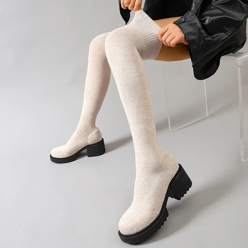 Fashion Chunky Heel Over The Knee Boots Women Plus Size 35-42 Stretch Knitted Sock Boots Woman Non Slip High Heels Long Botas