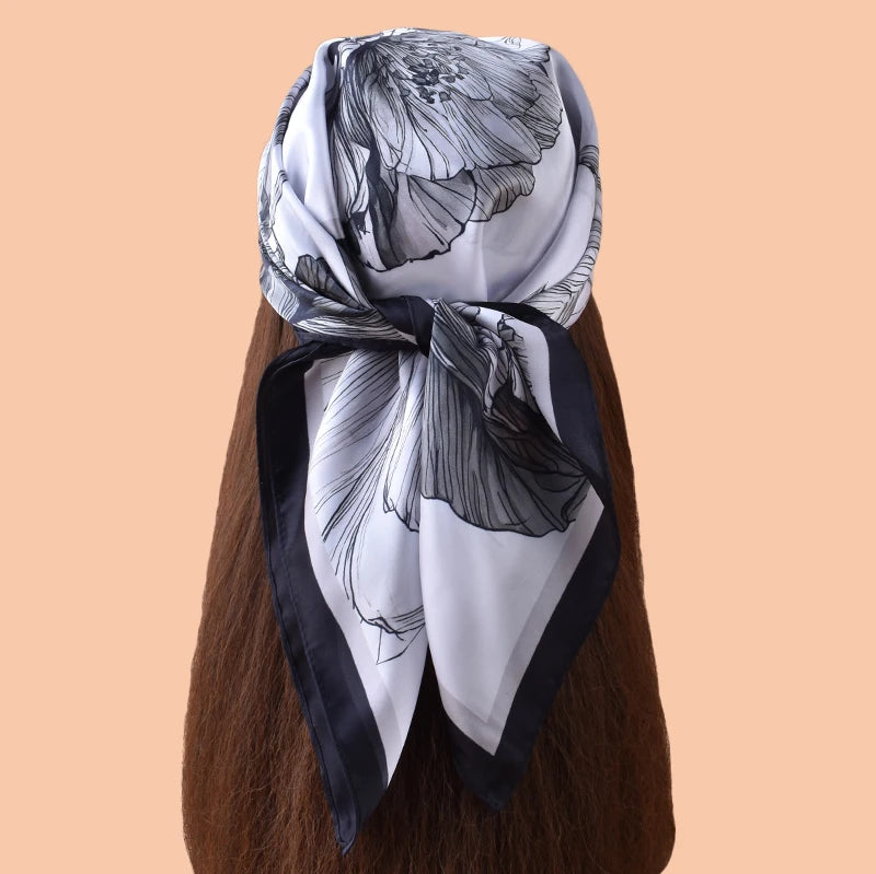 1pc Sweet Large Flower Print Silk Satin Square Scarf Women's Hair Accessory Spring New Style Versatile Belt Bag Decoration Heads