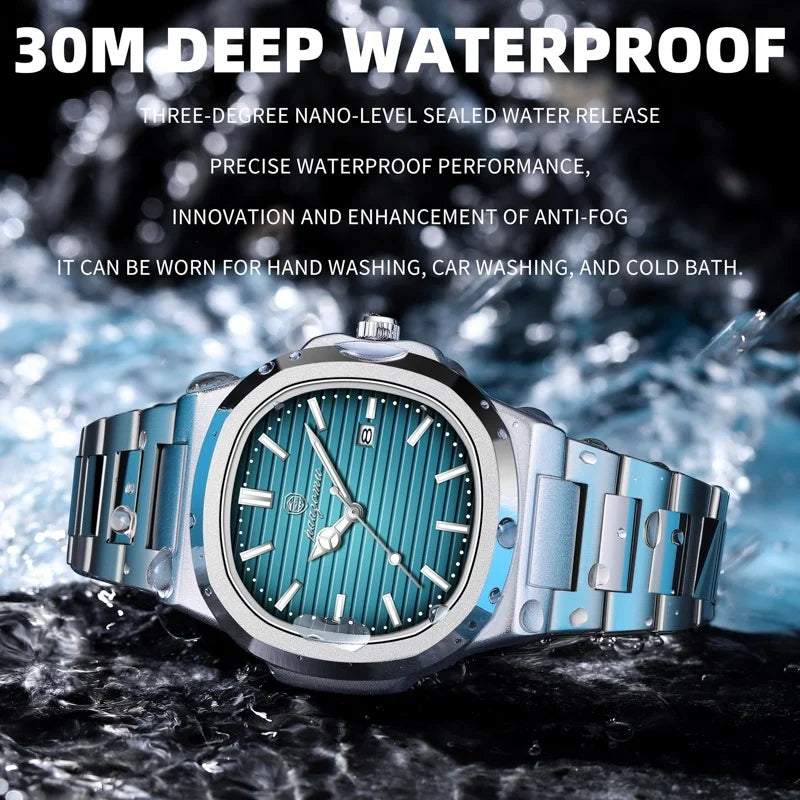 Rose Gold Blue Luxury Diver Watch Men 30ATM Date Watches Quartz Wristwatch