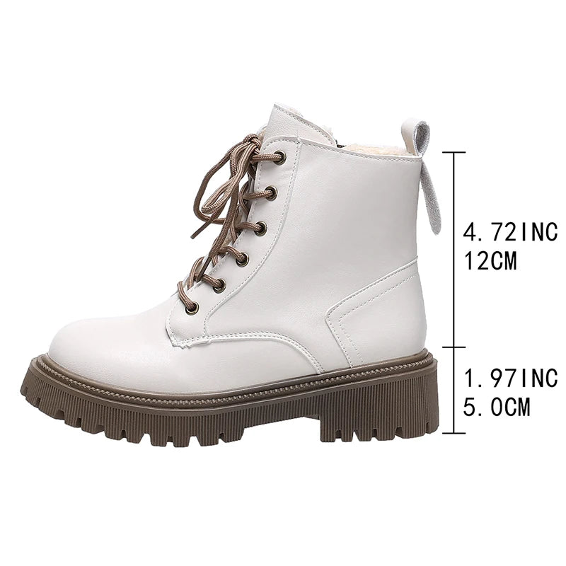 2025 Lace Up Platform Ankle Boots for Women Autumn Winter Warm Plush Short Booties Mujer Plus Size Thick Sole Motorcycle Boots