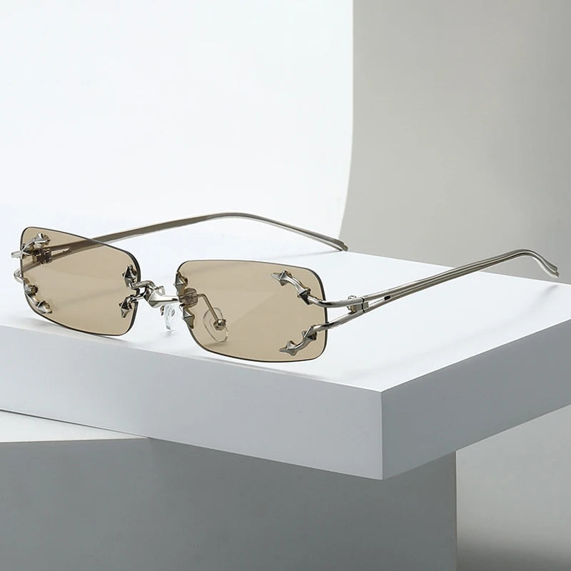 JNPCXI New Y2K Rimless Square Star Sunglasses for Women Fashion Vintage Hip Hop Driving UV400 Eyewear Frame Outdoor Men Punk