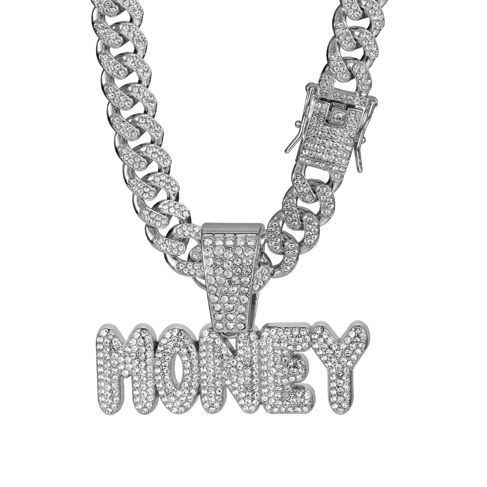 Men Women Hip Hop Bling MONEY Letters Pendant Necklace with Miami Cuban Chain Iced Out Bling HipHop Necklaces Male Charm Jewelry