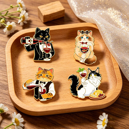 Funny Gentleman Cat Enamel Pins Wine & Cheese Themed Cute Animal Brooches Cute Waiter Kitty Lapel Badges Backpack Jewelry Gifts