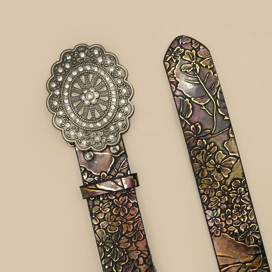 Elegant Vintage Women's Belt - Crystal Rhinestone & Leaf Pattern, Timeless Fashion for Casual Chic