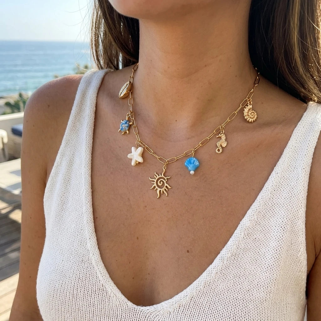 Bohemian Ocean Charm Necklace For Women Gold Tone Sun Starfish Turtle Shell Conch Summer Beach Jewelry