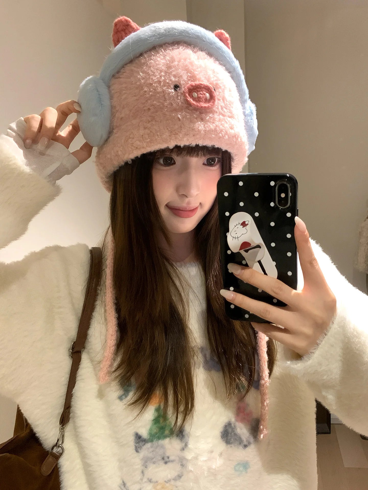 Cute Little Snowman Earmuffs Plush Hat Winter Thickening Warm Belt Adjustable Windproof Ear Protection Knitted Hat