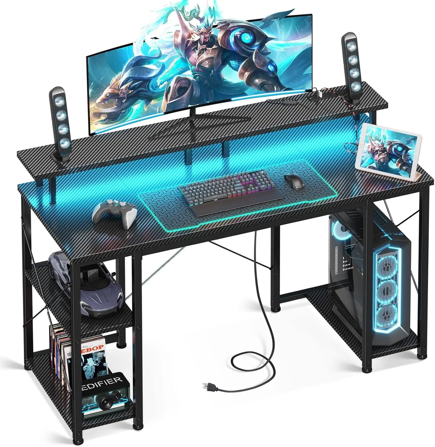 48 " Gaming Desk w/ LED Lights & Power Outlets, Computer Desk w/ Monitor Stand