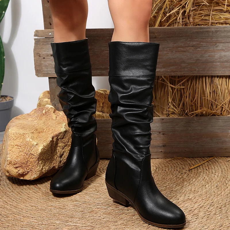 Black Pu Leather Knee-High Boots Women Slip On Med Heel Western Cowboy Boots Woman Autumn Winter Pleated Long Botas Plus Size 43