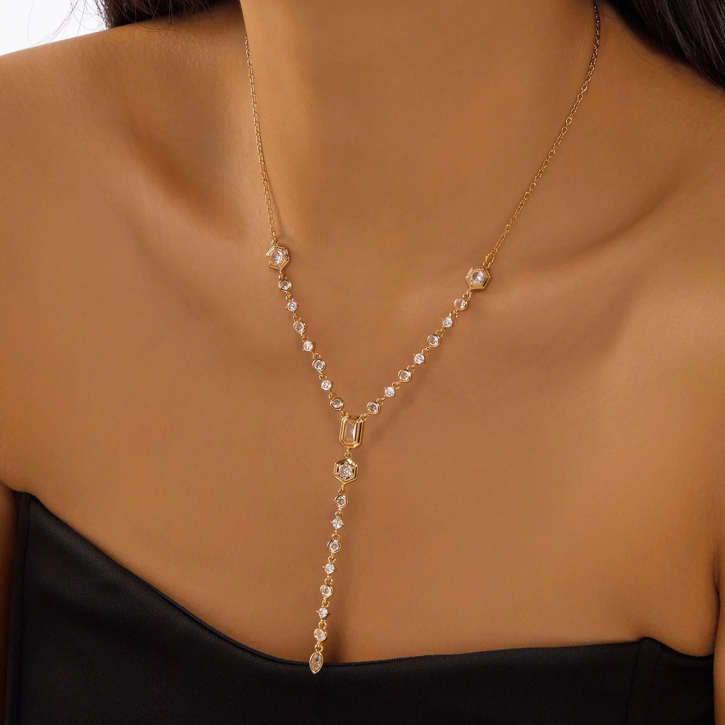 Fashion Crystal Tassel Y-Shaped Pendant Necklace for Women Simple Luxury Inlaid Zircon Clavicle Chain Choker Party Jewelry Gifts