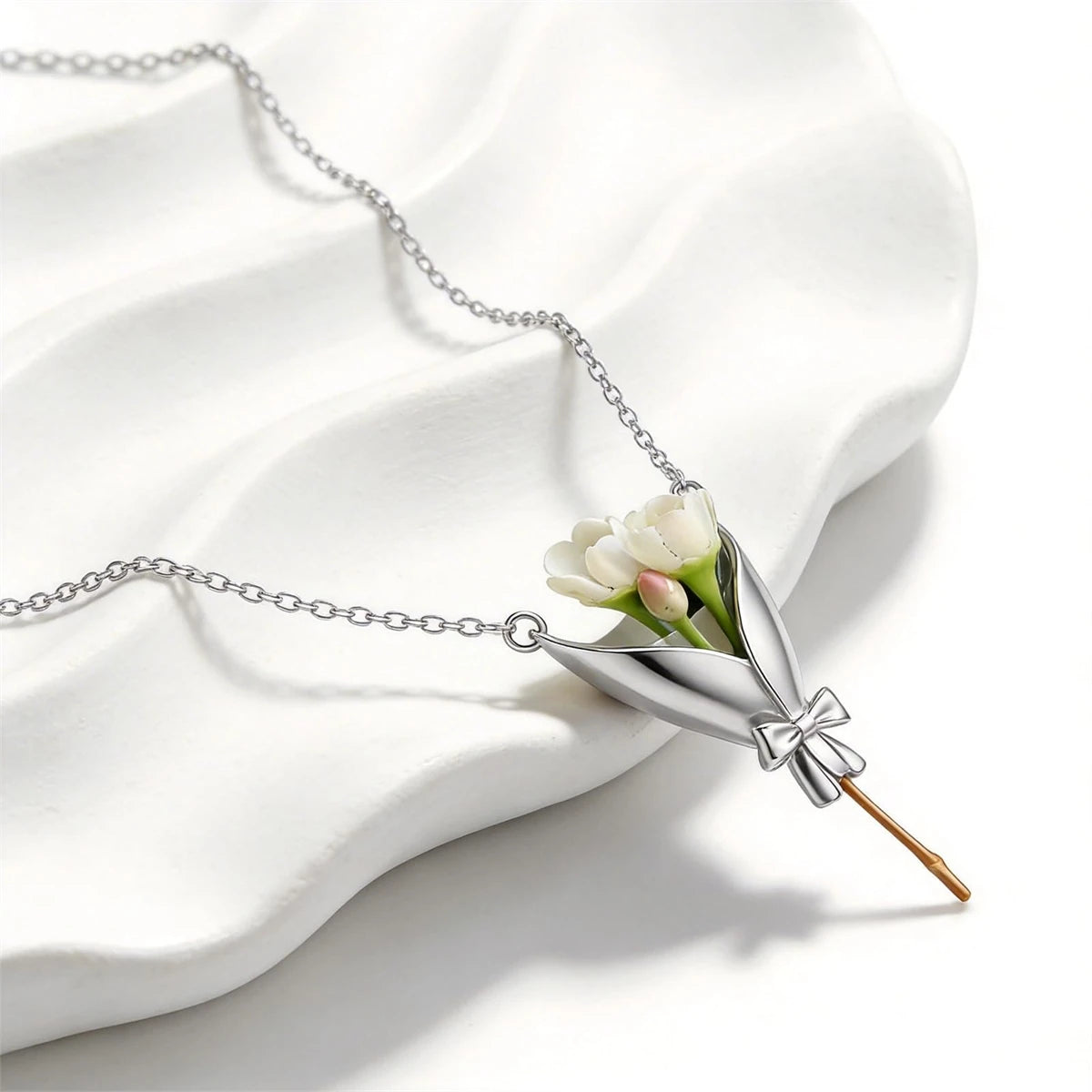 Wearable Bouquet Clip Flower Holder Earring and Necklace Set for Women Gold Tone Dainty Floral Jewelry Set Gift