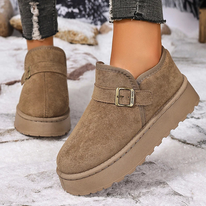 Buckle Decor Thick Bottom Winter Ankle Boots Women 2025 Faux Suede Platform Snow Boots Woman Slip On Short Plush Cotton Shoes
