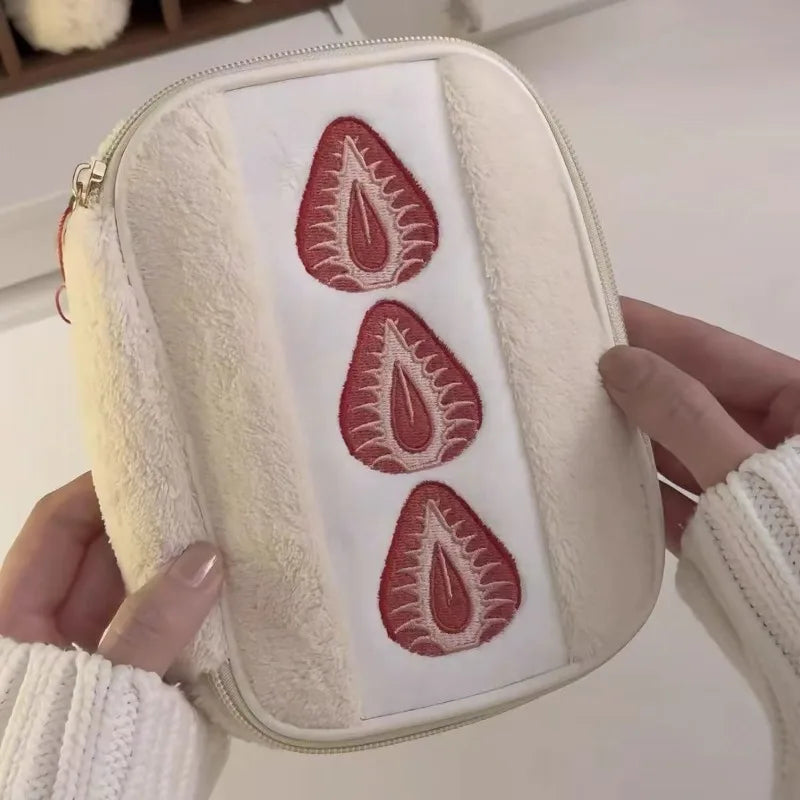 Makeup Bag Strawberry Plush Embroidery Storage Makeup Bag Female Multi-functional High Appearance Value Bag Cosmetic Bags