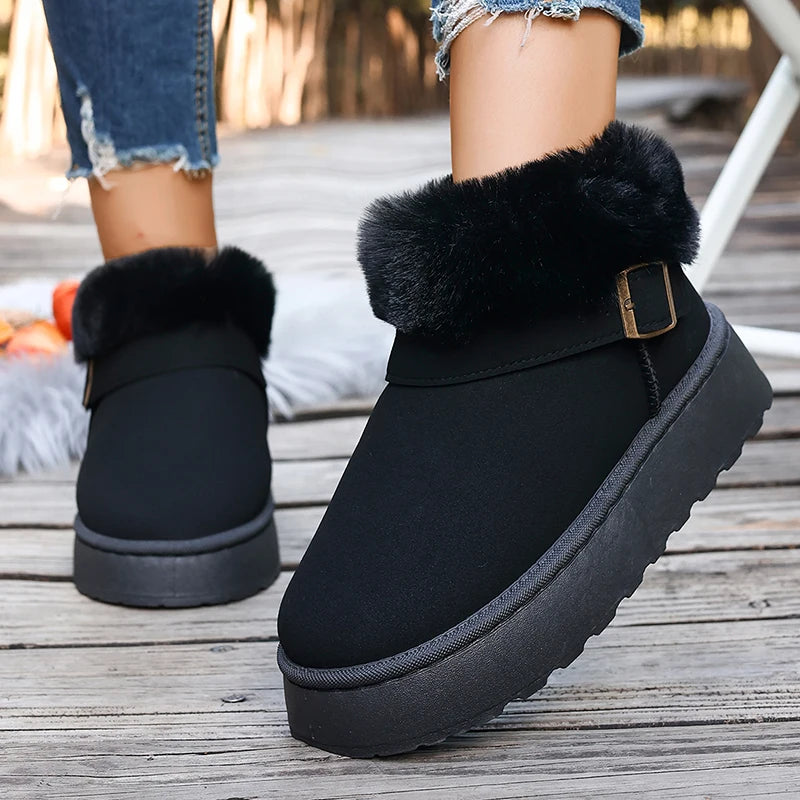 Fluffy Fur Platform Snow Boots Women 2025 Fashion Buckle Short Plush Ankle Boots Woman Comfortable Thick Sole Warm Winter Shoes