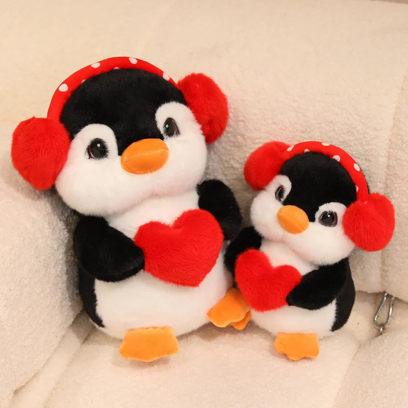 Cute Standing Earphone Penguin Doll Stuffed Holding Red Heart Say Love Cartoon Animal Toy Standing Plushie Birthday Gift