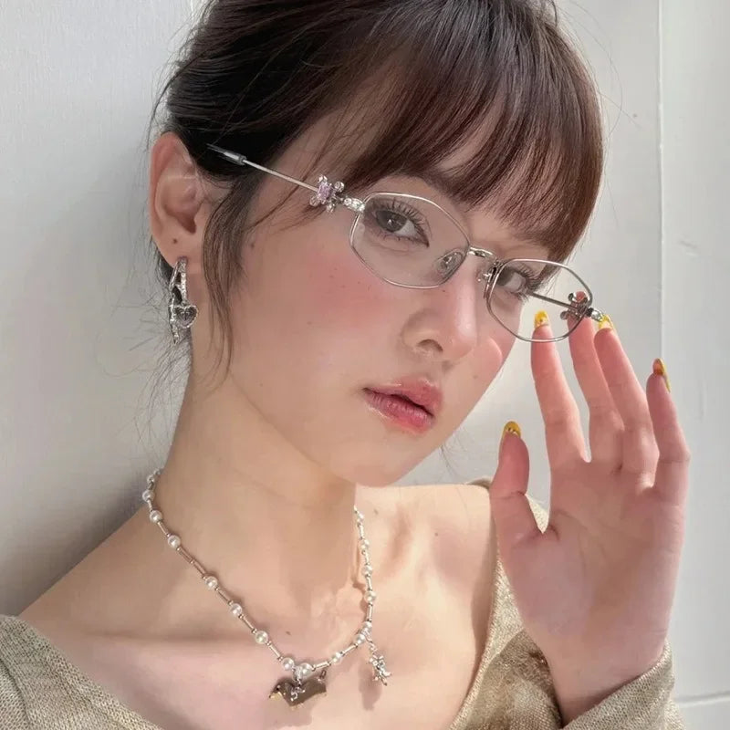 Shiny Rhinestone Metal Eyeglass Frame Women's Gold Wire Thin Frame Fashionable Flat Mirror Trendy Suitable for Daily Matching
