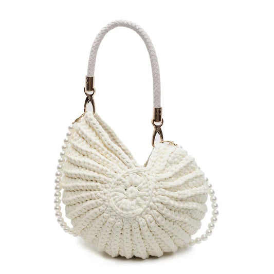Milk White Shell Knit Crossbody Shoulder Bag Pearl Chain Woven Women Classy Bag