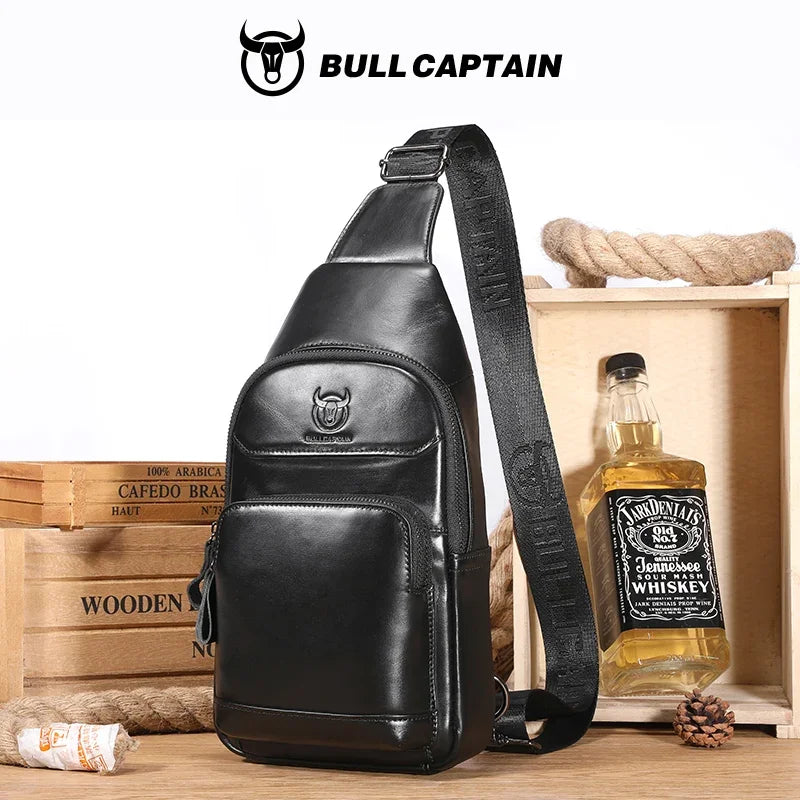 BULLCAPTAIN Men's Genuine Leather Chest Bag Multifunctional 7-inch Mobile Phone Bag Cowhide Casual Retro Shoulder Crossbody Bag