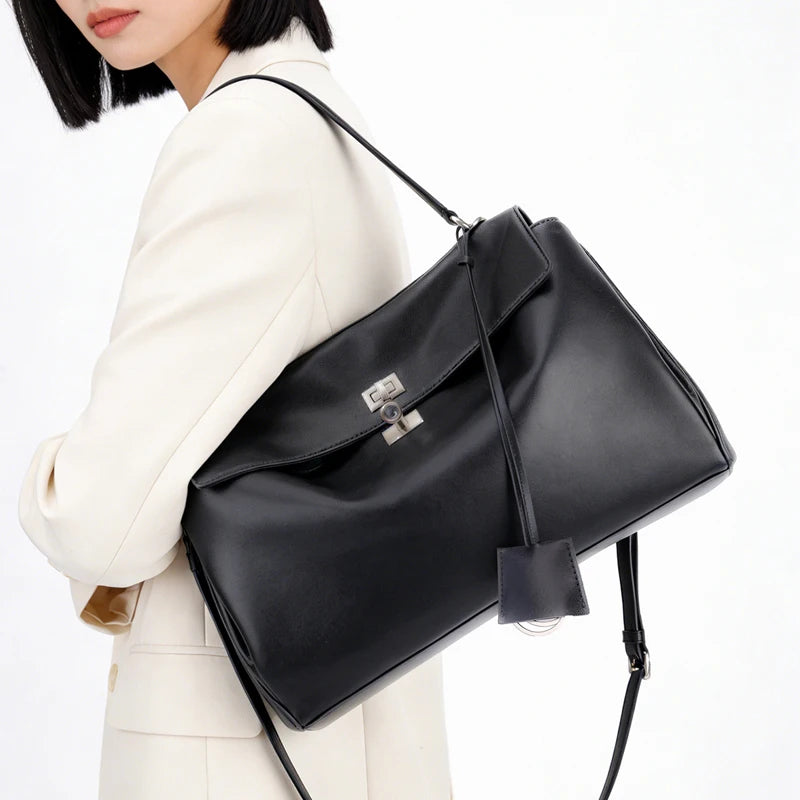 Women's Genuine Leather Large Capacity Solid Color Tote Bag 2026 New Fashion Leather Shoulder Bag Casual Ladies Commute Handbag