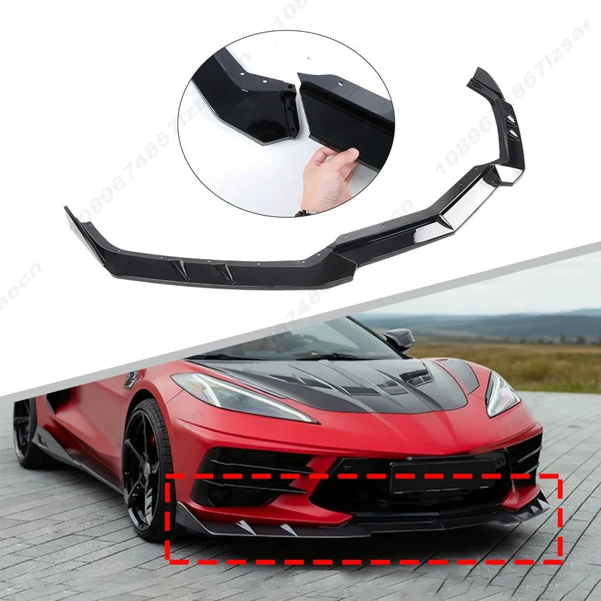 For Chevrolet Corvette C8 2 Door Z51 Stingray E-Ray 2020-2026 Car Front Bumper Lip Spoiler Splitter Glossy Black Body Kit Trims
