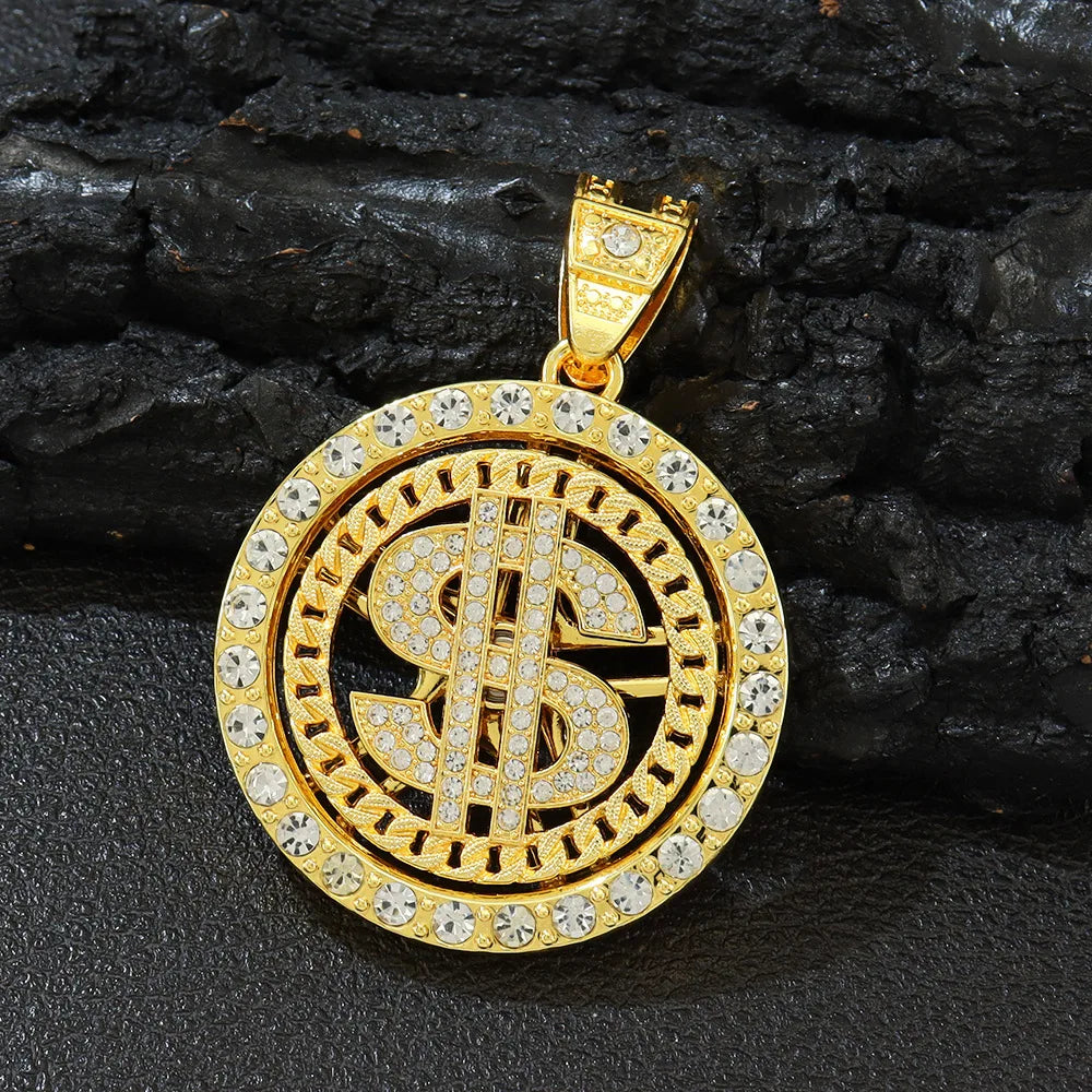 Men Hip Hop Big Rotatable US Dollar Money Sign Pendant Necklace 13mm Iced out Cuban Chain Choker Necklace Rap Rock Charm Jewelry