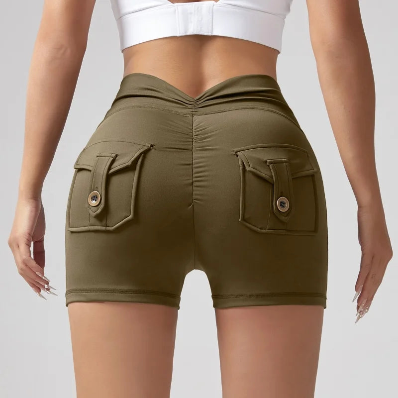 Shorts Wrinkled Tight Hip Tooling Pocket Solid Elastic Waist Yogurt Pant Legging Sets Workout Leggings for Women