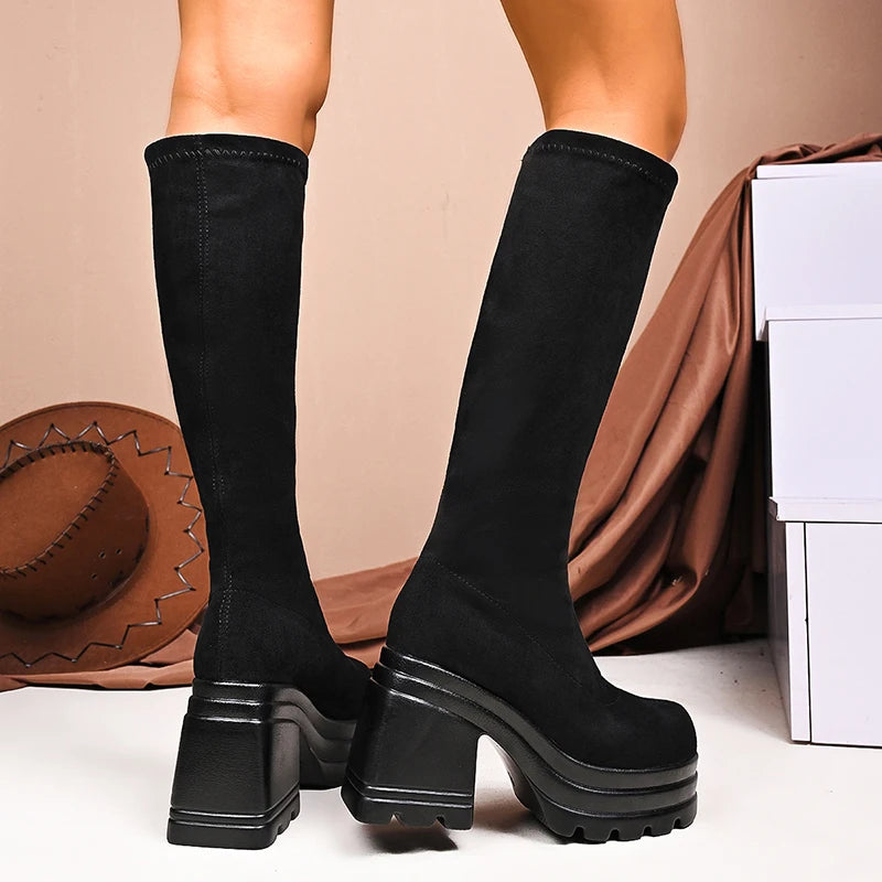 New Women's Chunky Platform Knee-High Boots Thick High Heels Punk Long Boots Woman Plus Size Slim Stretch Autumn Winter Boots