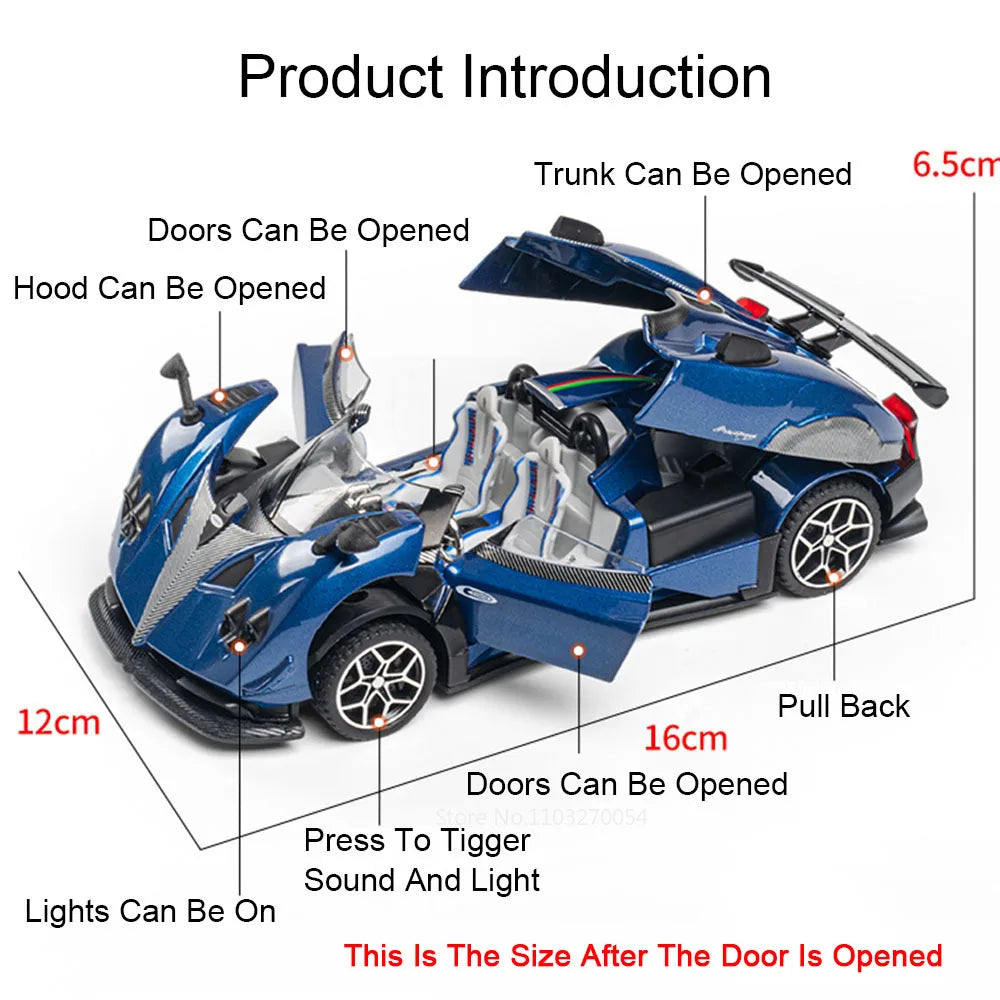 1:32 ONE Pagani Zonda HP Diecast Alloy Models Toys Car Doors Opened Sound Light Pull Back Miniature Vehices Home Decor Ornaments