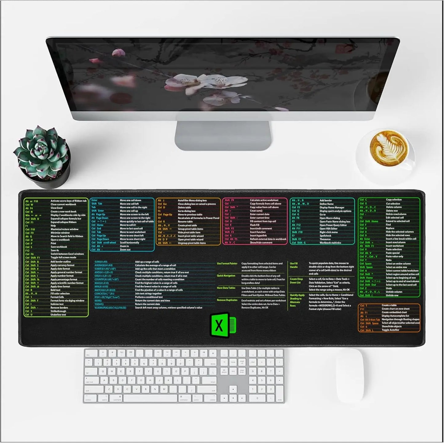 Large Excel Cheat Sheet Keyboard Desk Pad, Cheat Table Mouse pad, Over 150 Excel Shortcuts, Non-Slip Sewn Edge for Office