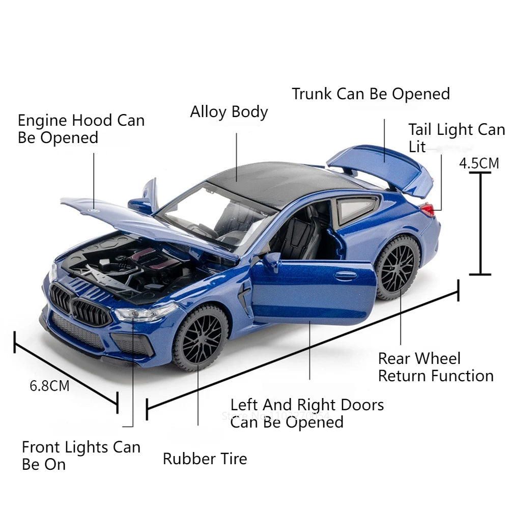 1/32 M8 Miniature Alloy Diecast Toys Car Model Sports Cars 4 Door Can Opened Sound Light Pull Back Vehicle Kids Festival Gift