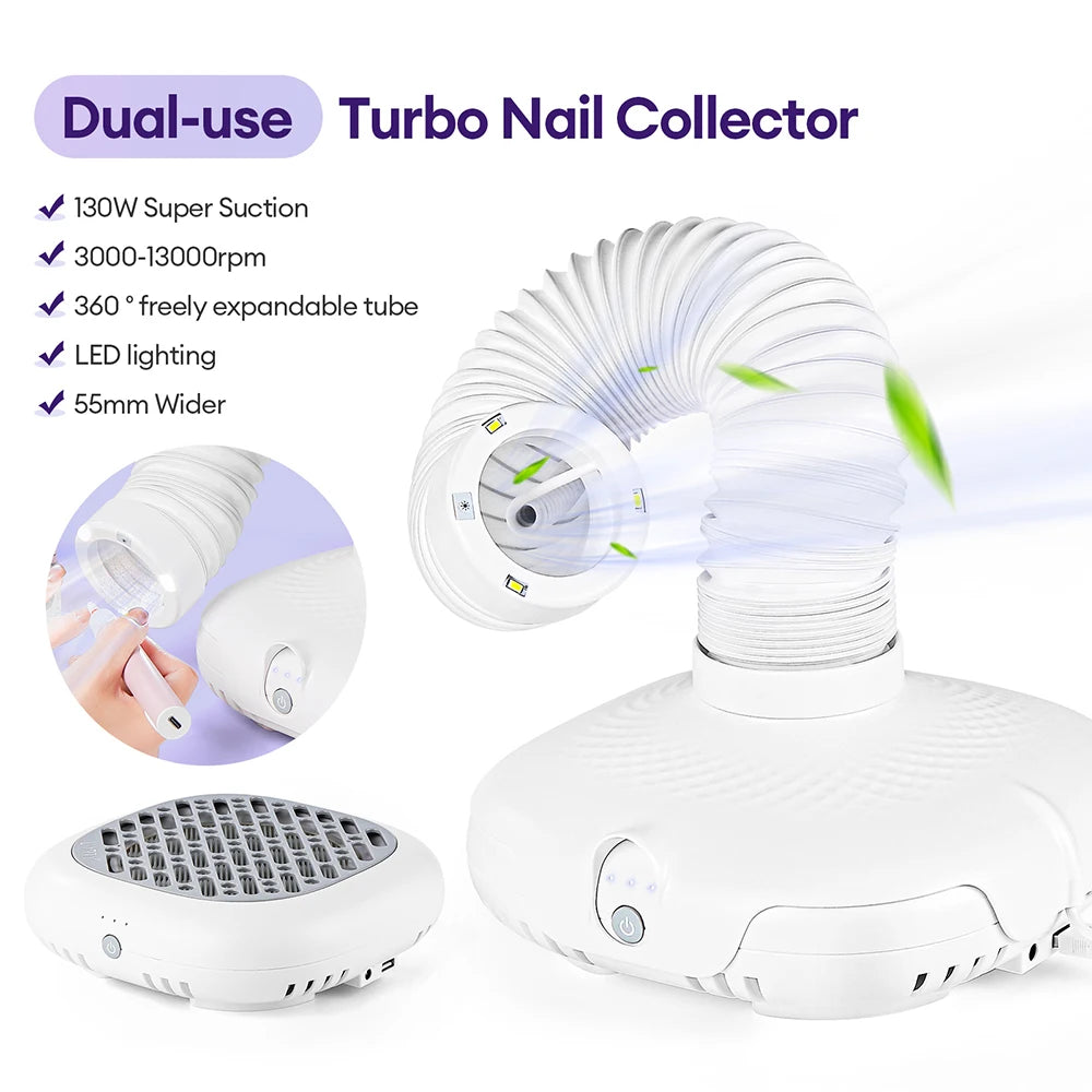130W Brushless Double Use Nail Dust Extractor With Tube Elbow Nail Dust Collector Nail Art Manicure Powerful Vacuum Cleaner