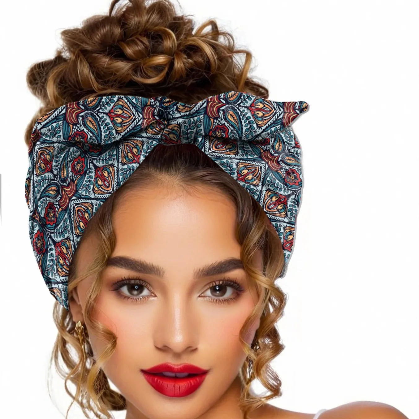 Widening Bohemian style printed front knot rabbit ear elastic headband
