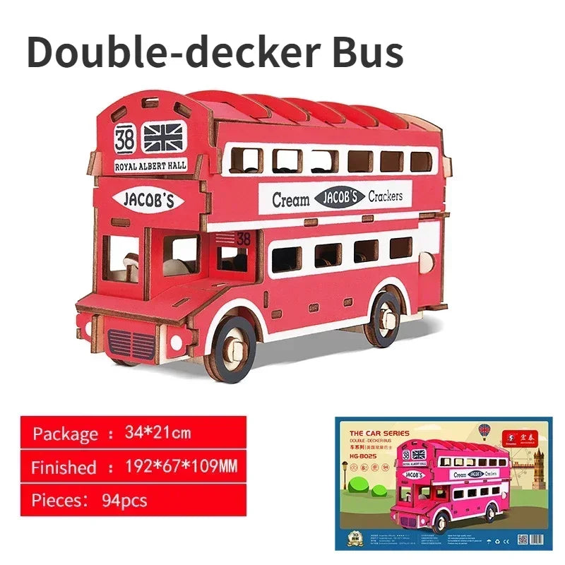 3D Wooden Puzzle Vehicle Series Building Model Handmade Bus Truck Motorcycle Wooden Themed DIY Educational SimulationToys