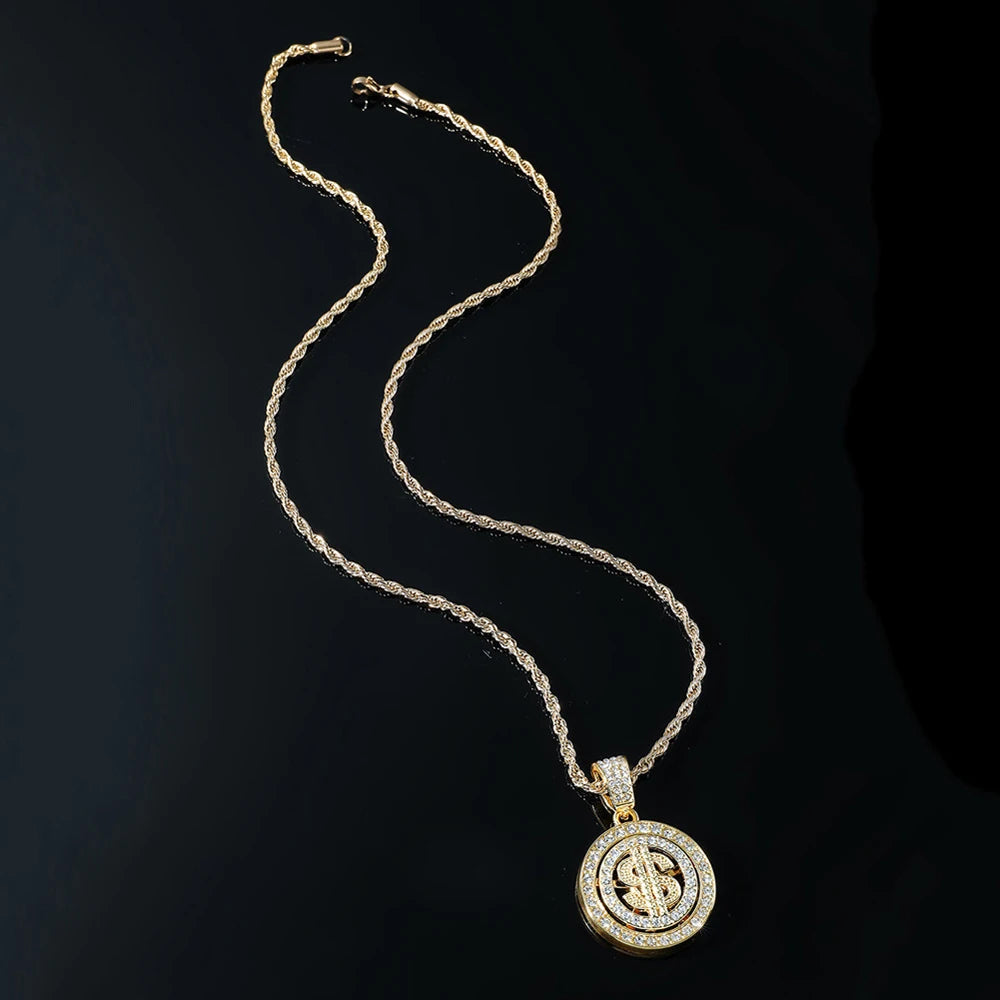 Hip Hop New Bling Rhinestone Dollar Pendants Necklace Rotatable US Dollar Money Sign Necklaces Men Hiphop Rap Rock Jewelry Gift