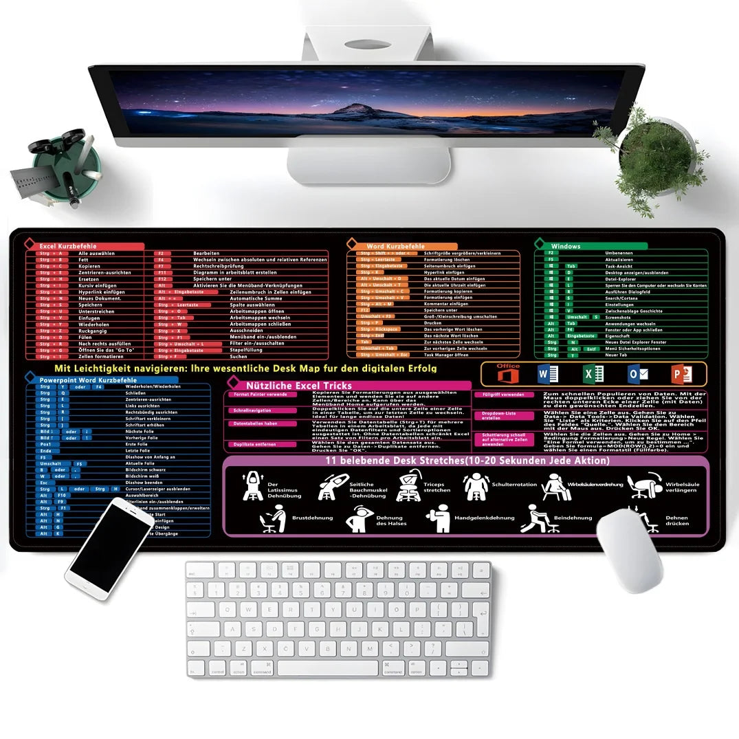German Excel/Word/Windows/PPT Cheat Sheet Mouse pad, Computer Keyboard Pad for Office Workers Students Office Desk Mat