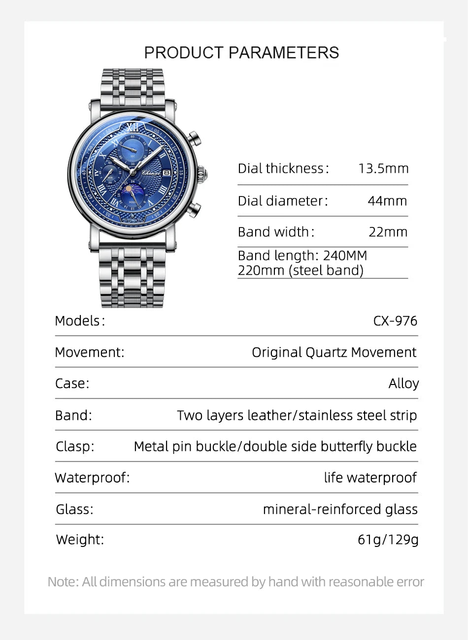 Chenxi Men Leather Chronograph Phase of The Moon Luminous Quartz Watch RoseShell