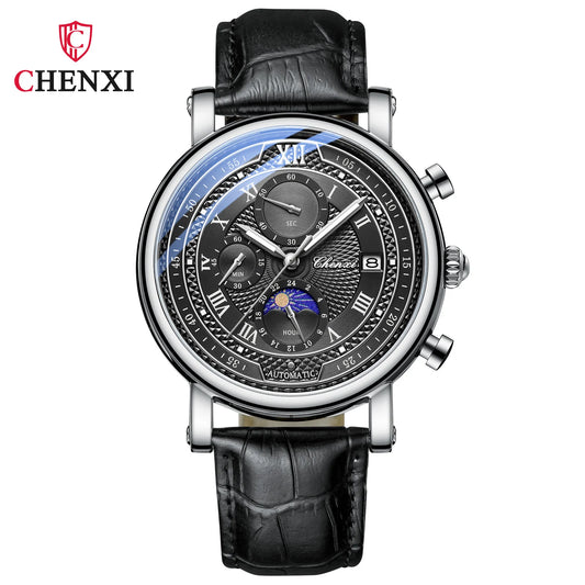 Chenxi Men' Leather Chronograph Phase The Moon Luminous Quartz Watch SilverShell