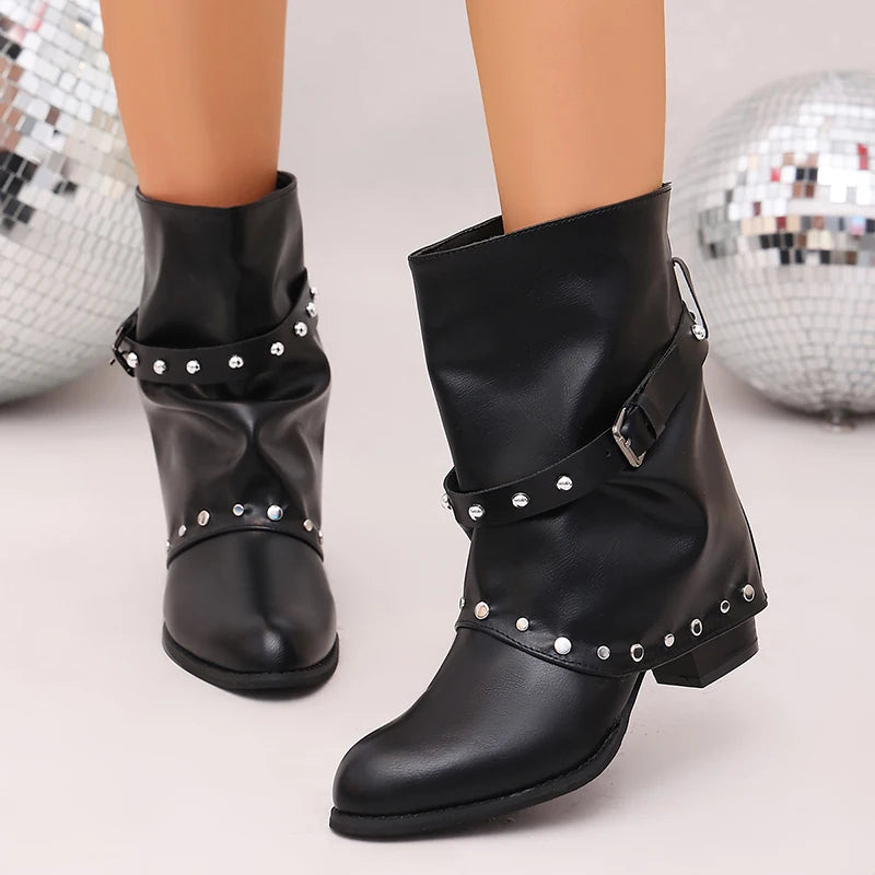 Punk Wide Leg High Heel Ankle Boots Women Plus Size 42 Pointed Toe Slouchy Boots Woman Slip On Thick Heeled Motorcycle Botas