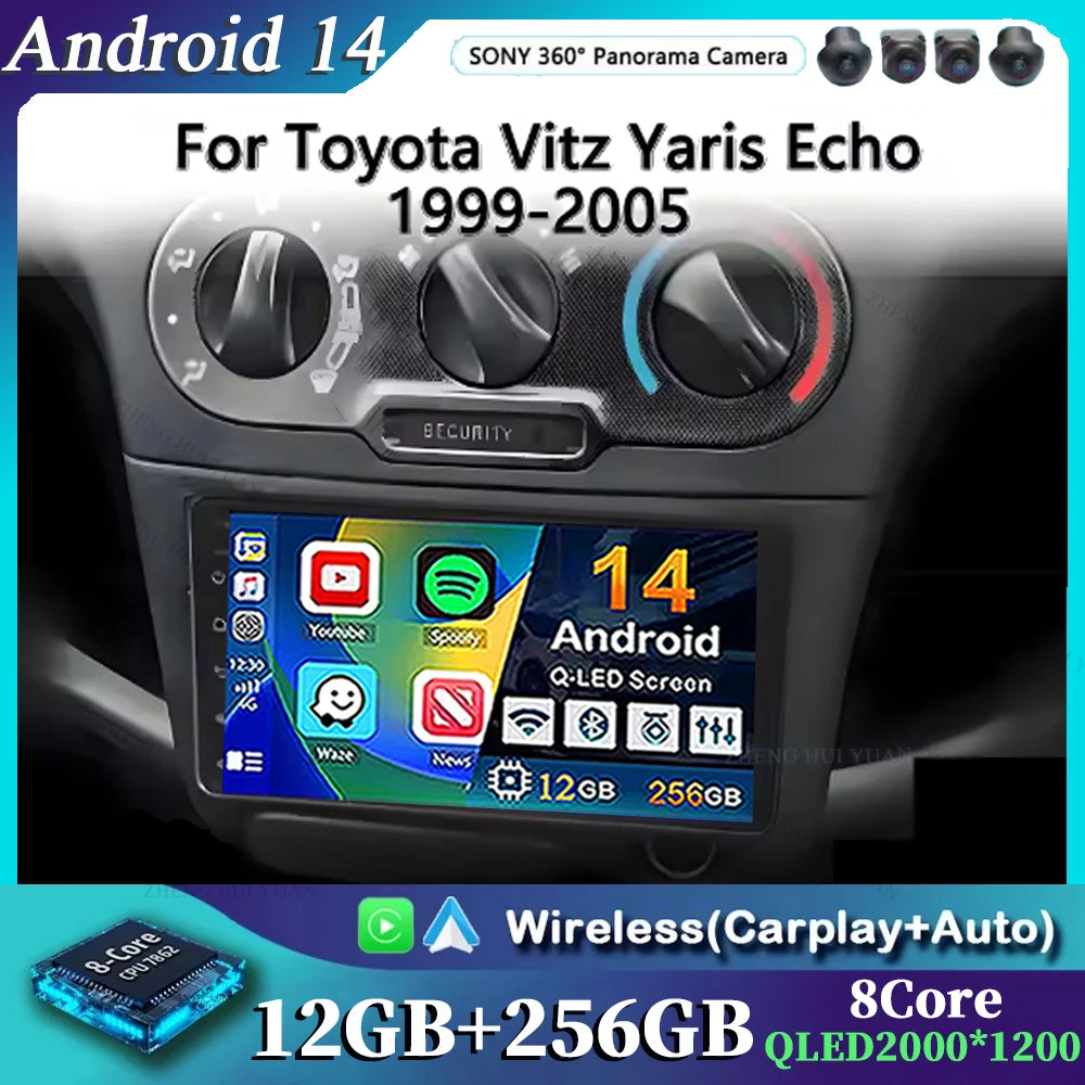 Android 14 For Toyota Vitz Yaris Echo 1999-2005 Carplay Auto Car Radio Multimedia Video Player Navigation GPS No 2Din 2 Din DVD