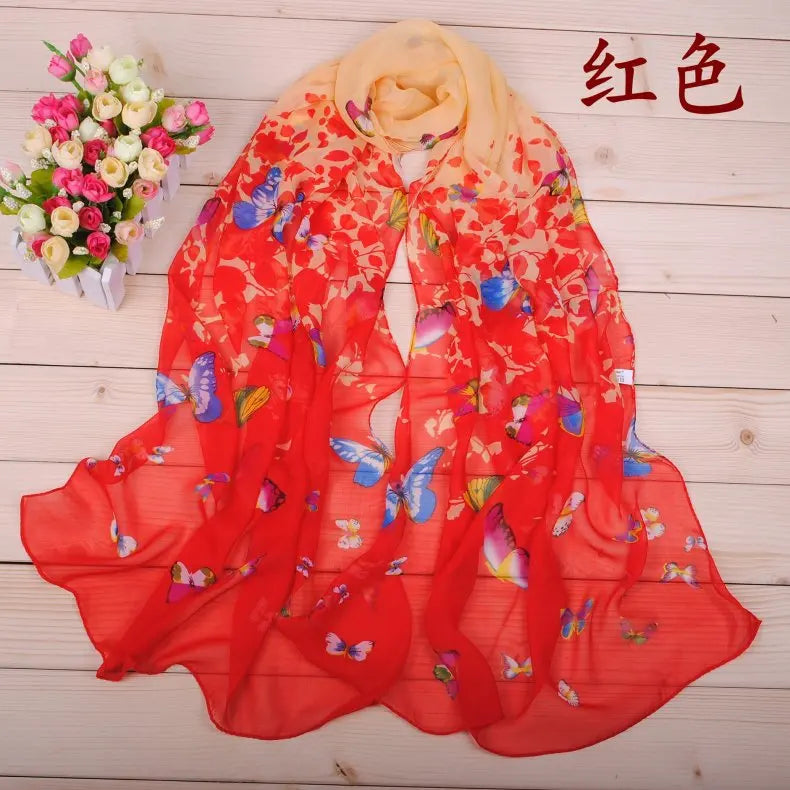 New Yiwu Colorful Little Butterfly Women's Printed Chiffon Long Scarves Wholesale Spring and Summer Printed Scarves