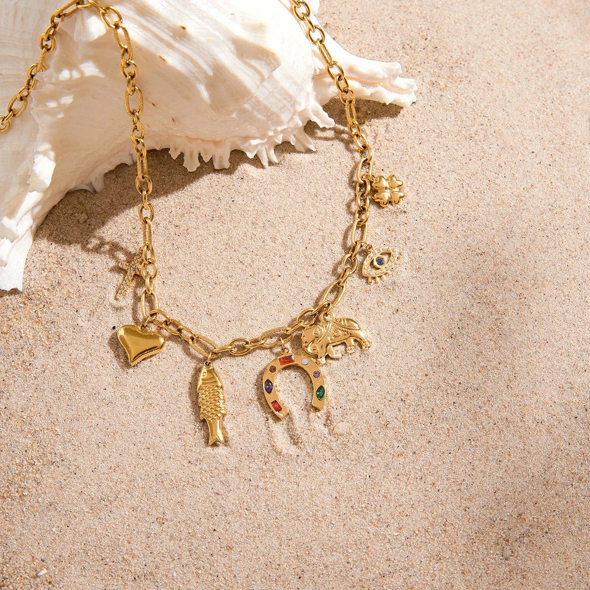 Uworld Fashion Trendy Stainless Steel Colorful Rhinestone Horseshoe Pendant Necklace Heart Shaped Fish Multi pendant Necklace Wo